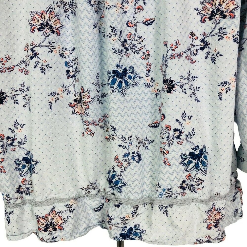 Carlson Womens Blouse Size L Light Blue Tiny Flowers Ruffled Hem Crochet - Picture 8 of 11
